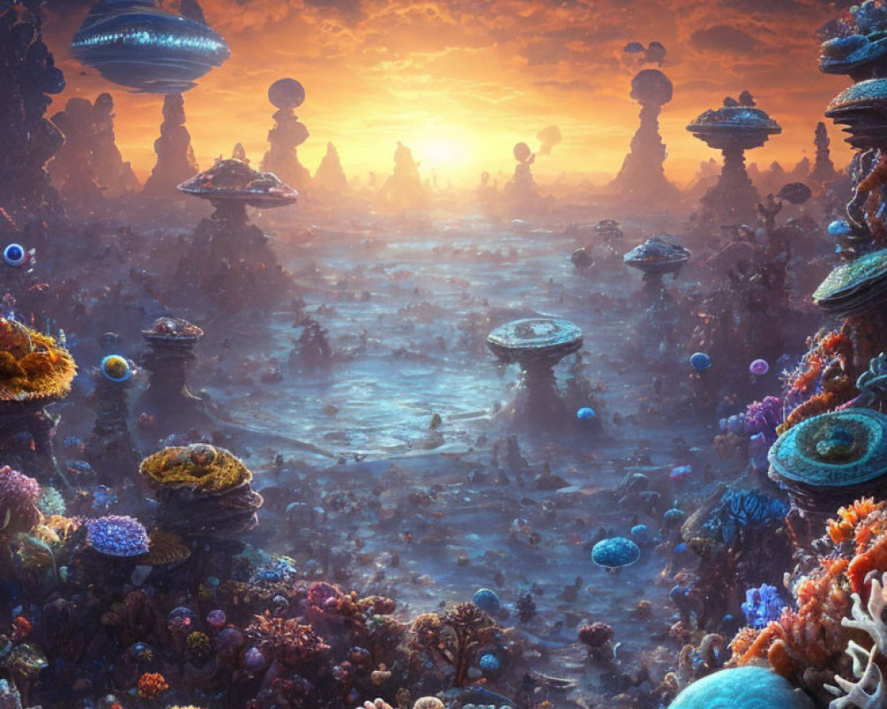 Colorful alien landscape with mushroom formations and coral structures under orange sky