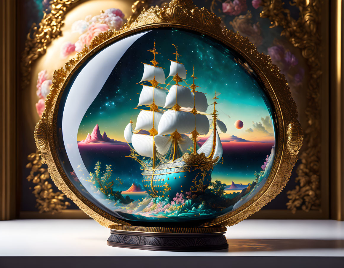 Golden snow globe with ship in magical sea and coral under fantastical sky.