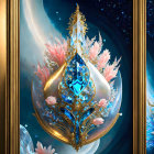 Golden jewel-encrusted artifact with flowers in space and swirls