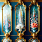 Ornate Golden Frames with Crystal and Flower Art on Blue Background