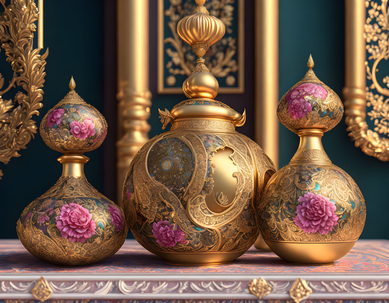 Ornate golden vases with intricate floral patterns and designs on luxurious gold and teal backdrop