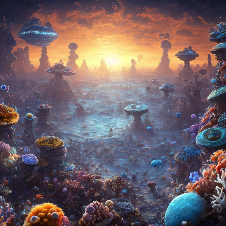 Colorful alien landscape with mushroom formations and coral structures under orange sky