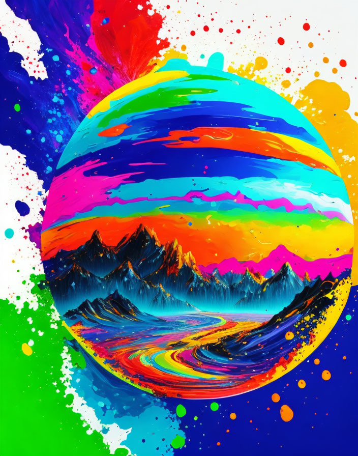 Colorful Abstract Sphere with Mountain Landscapes and Paint Droplets