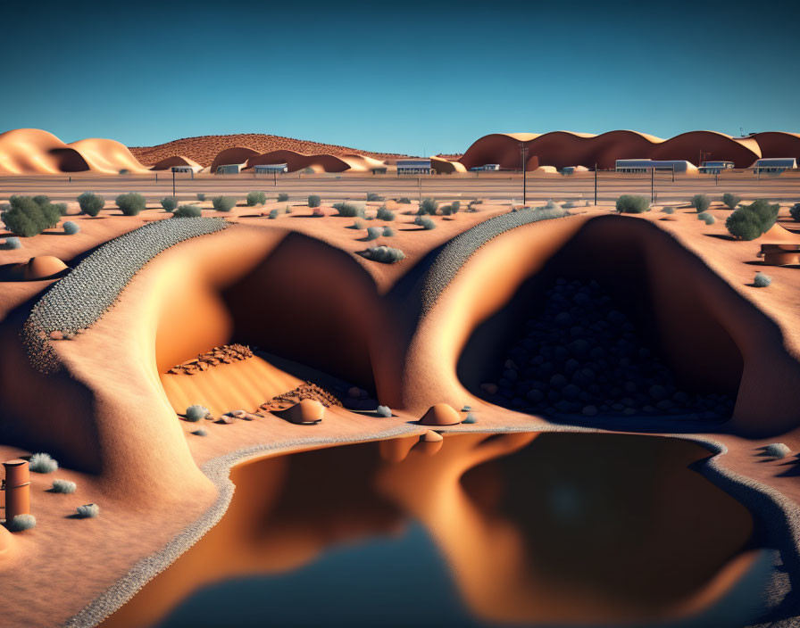 Surreal desert landscape with hollowed-out dunes, water body, and cylindrical structures