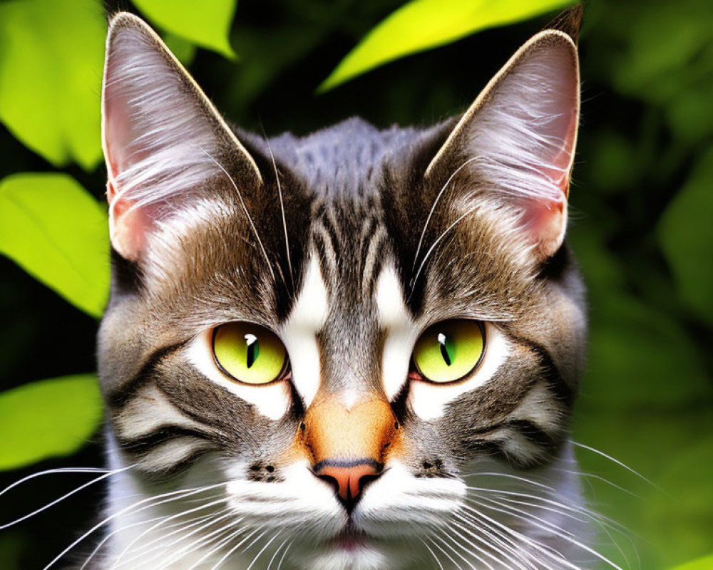 Gray Tabby Cat with Green Eyes and Unique Markings on Green Leafy Background