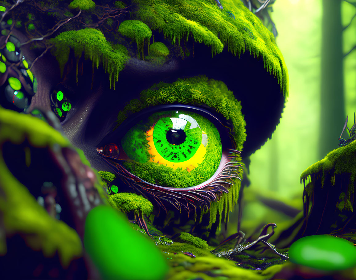 Vibrant green eye in moss-covered landscape with tiny creatures