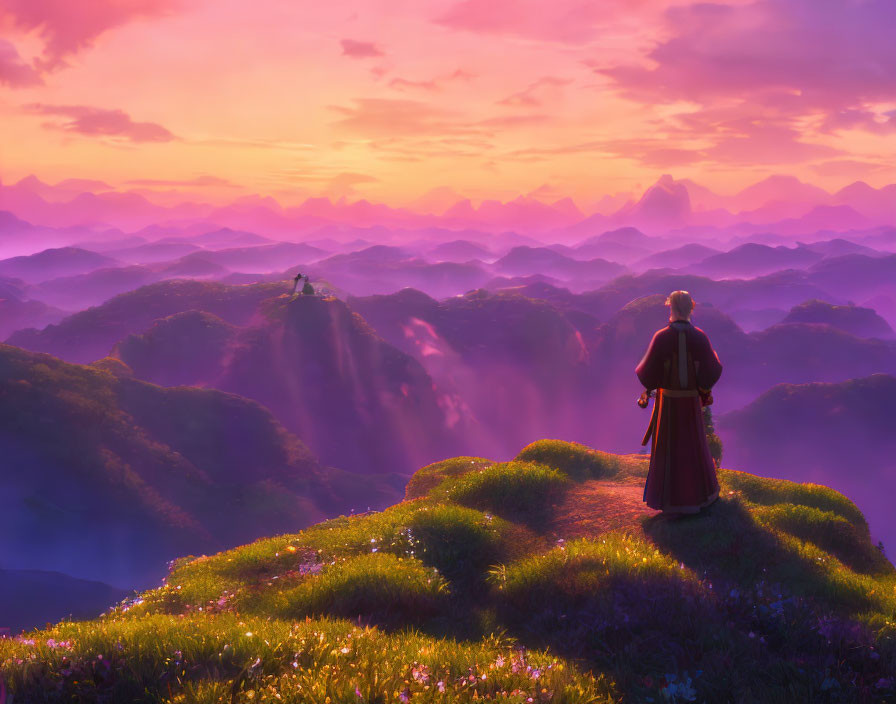 Traditional Attire Figure on Hilltop at Sunset with Mystical Landscape