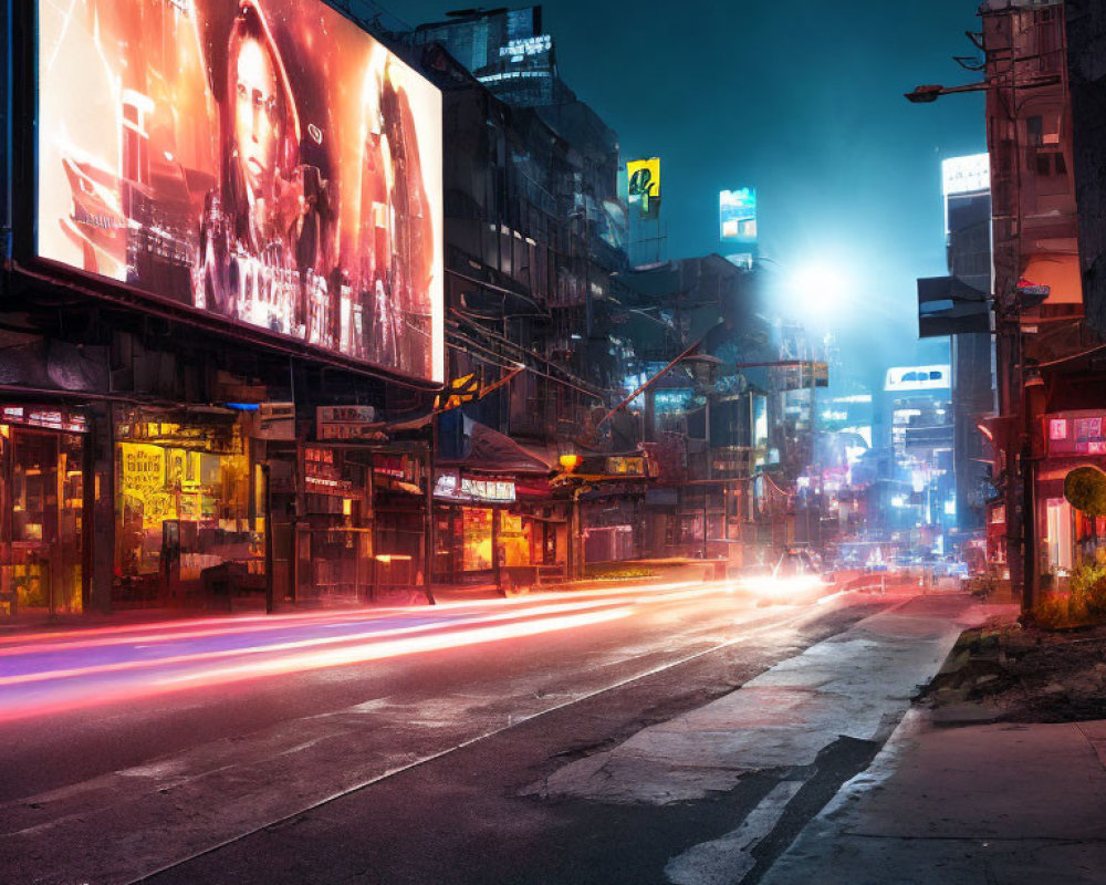 Vibrant urban street at night with neon billboards and light trails