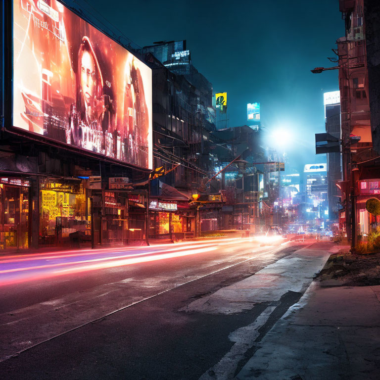Vibrant urban street at night with neon billboards and light trails