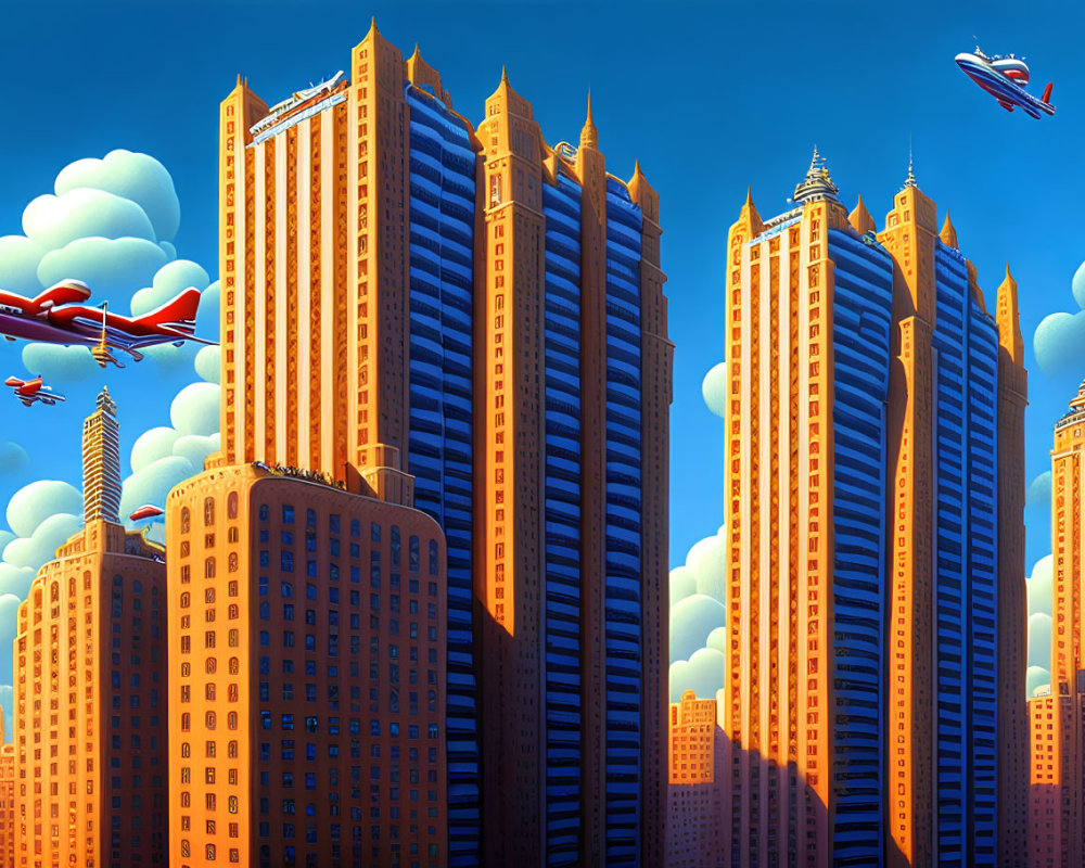 Golden skyscrapers in vibrant blue sky with futuristic planes.