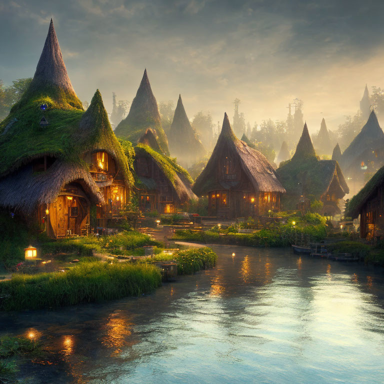 Cozy Thatched-Roof Cottages in Misty River Landscape