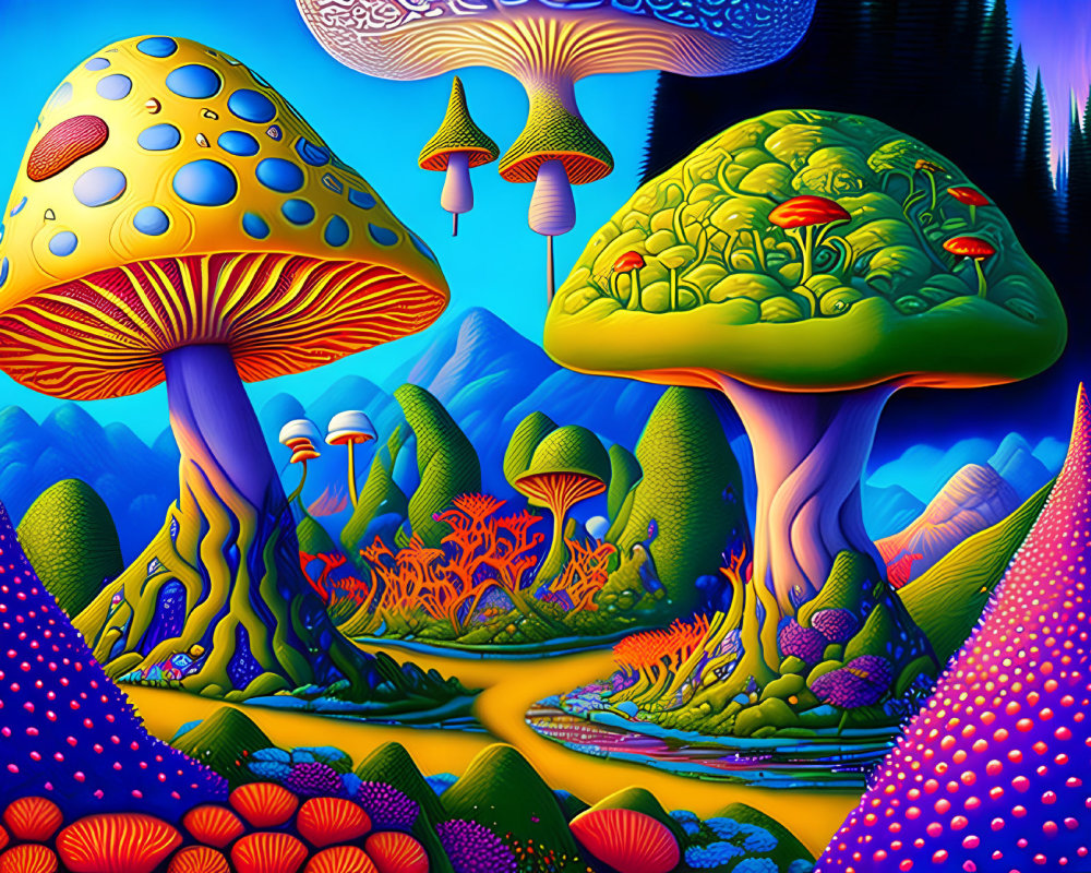 Colorful Psychedelic Landscape with Oversized Mushrooms and Surreal Sky