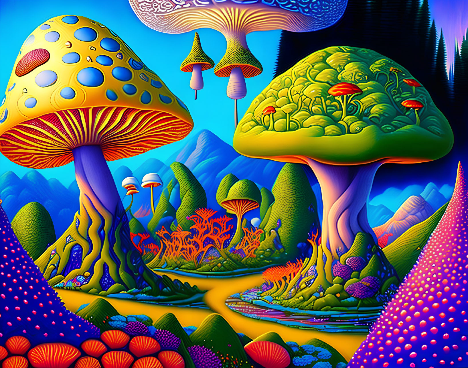 Colorful Psychedelic Landscape with Oversized Mushrooms and Surreal Sky
