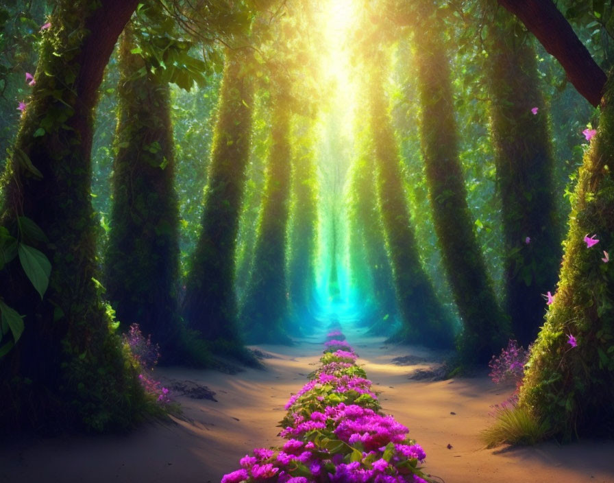 Sunlit Forest Path with Pink Flowers and Green Trees