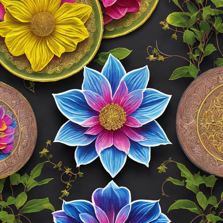 Intricately detailed colorful flowers on dark background with golden motifs