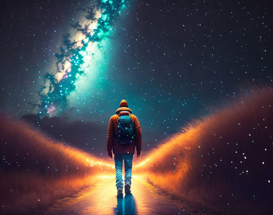 Person walking on mystical pathway under starry sky with glowing lights and vivid nebula