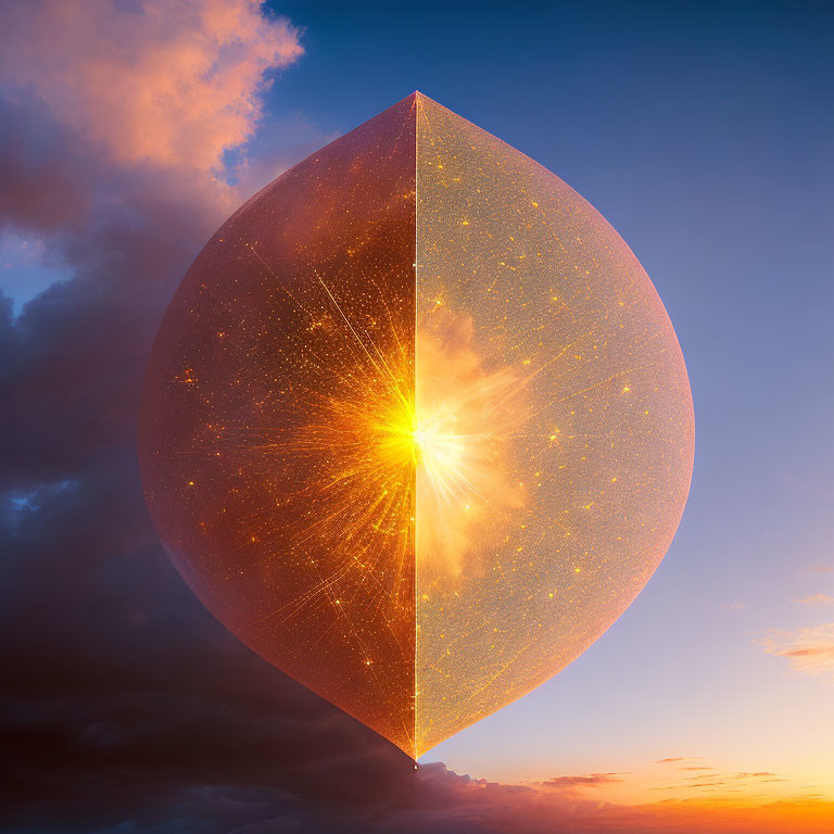 Glowing faceted orb in surreal sky at sunrise or sunset
