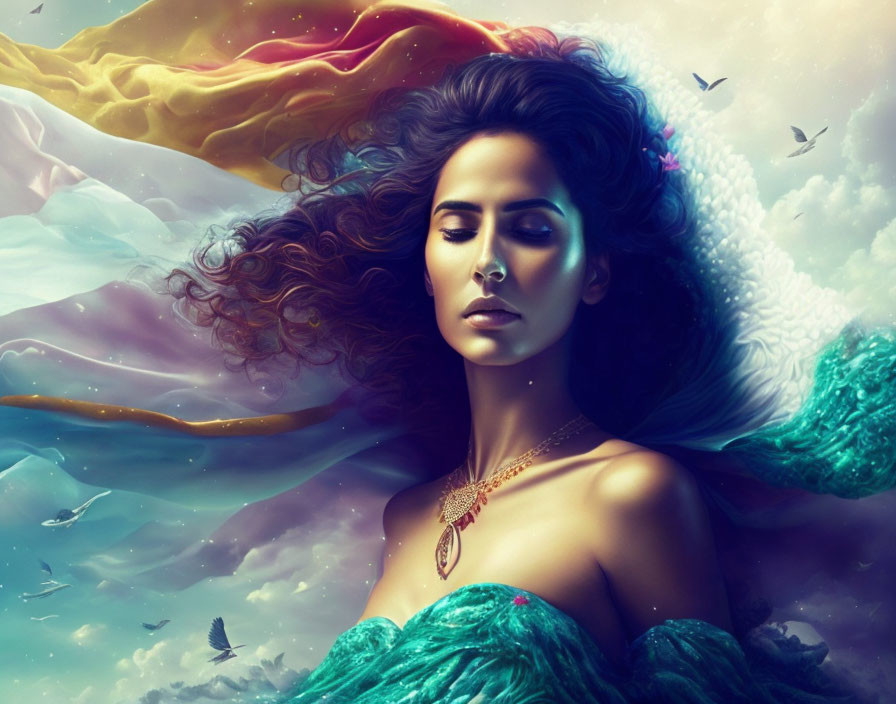 Digital artwork: Woman with flowing hair in vibrant sky with birds and abstract backdrop