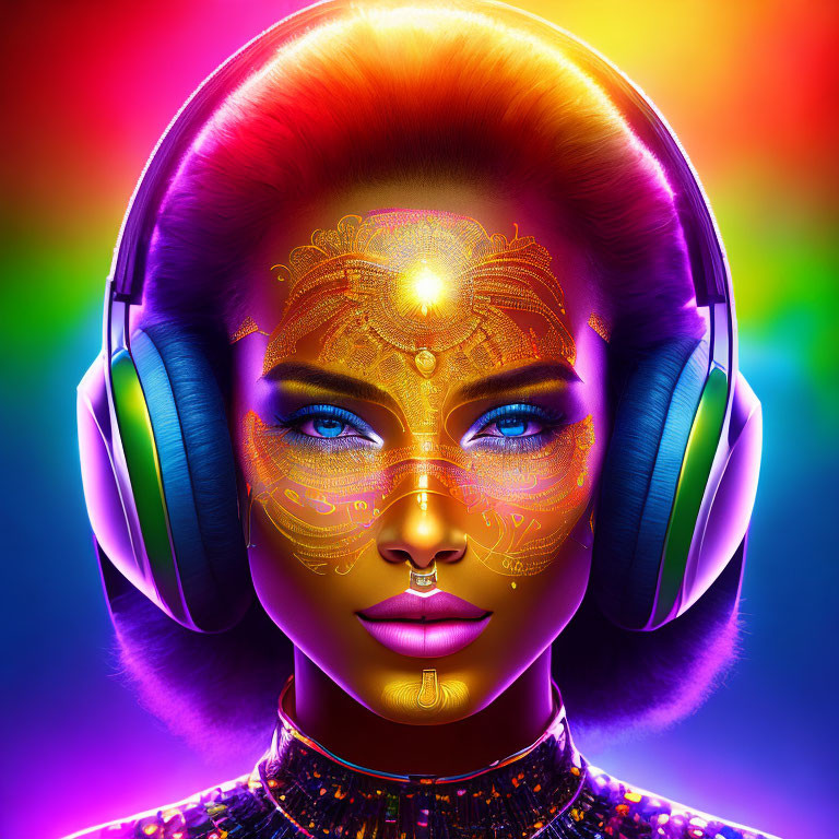 Colorful artwork of woman with blue eyes, golden face markings, headphones, on rainbow background