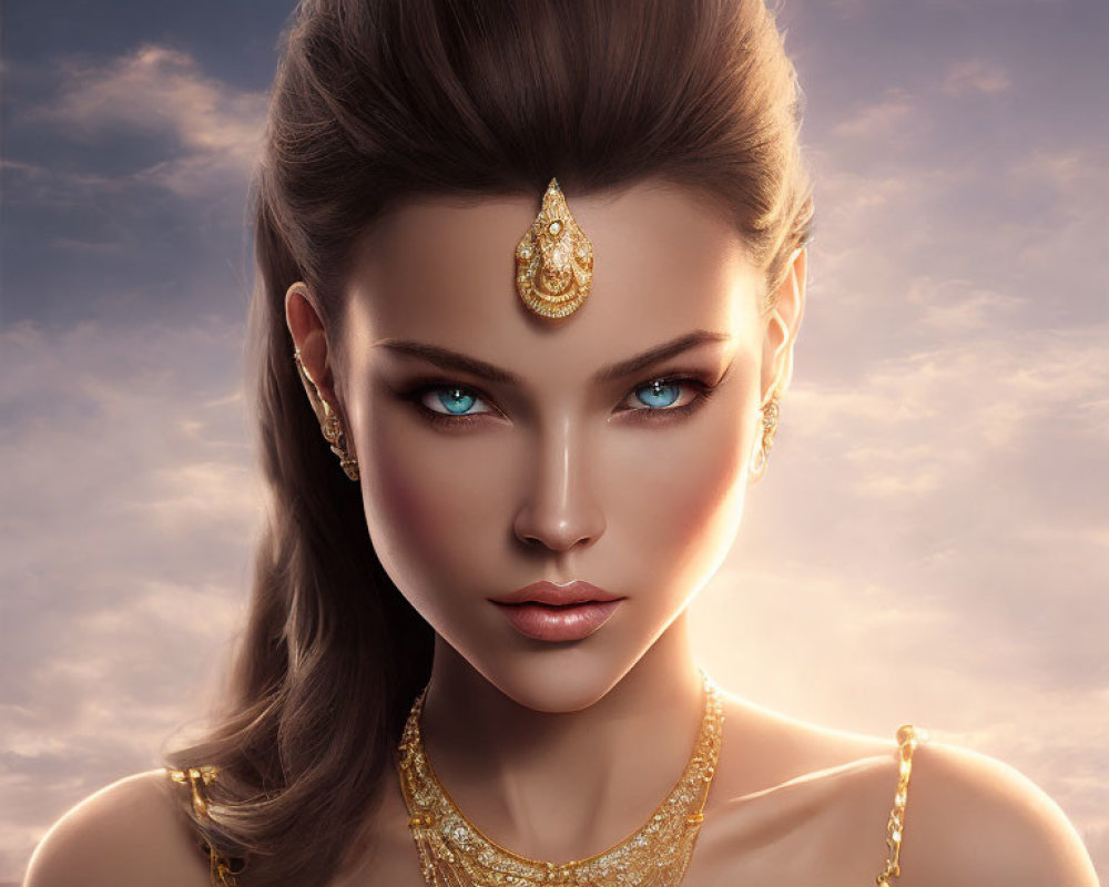 Digitally created woman with blue eyes and gold jewelry in serene setting
