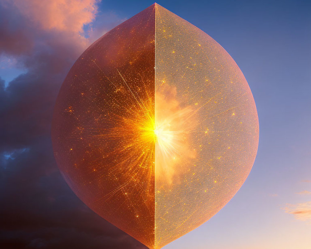 Glowing faceted orb in surreal sky at sunrise or sunset