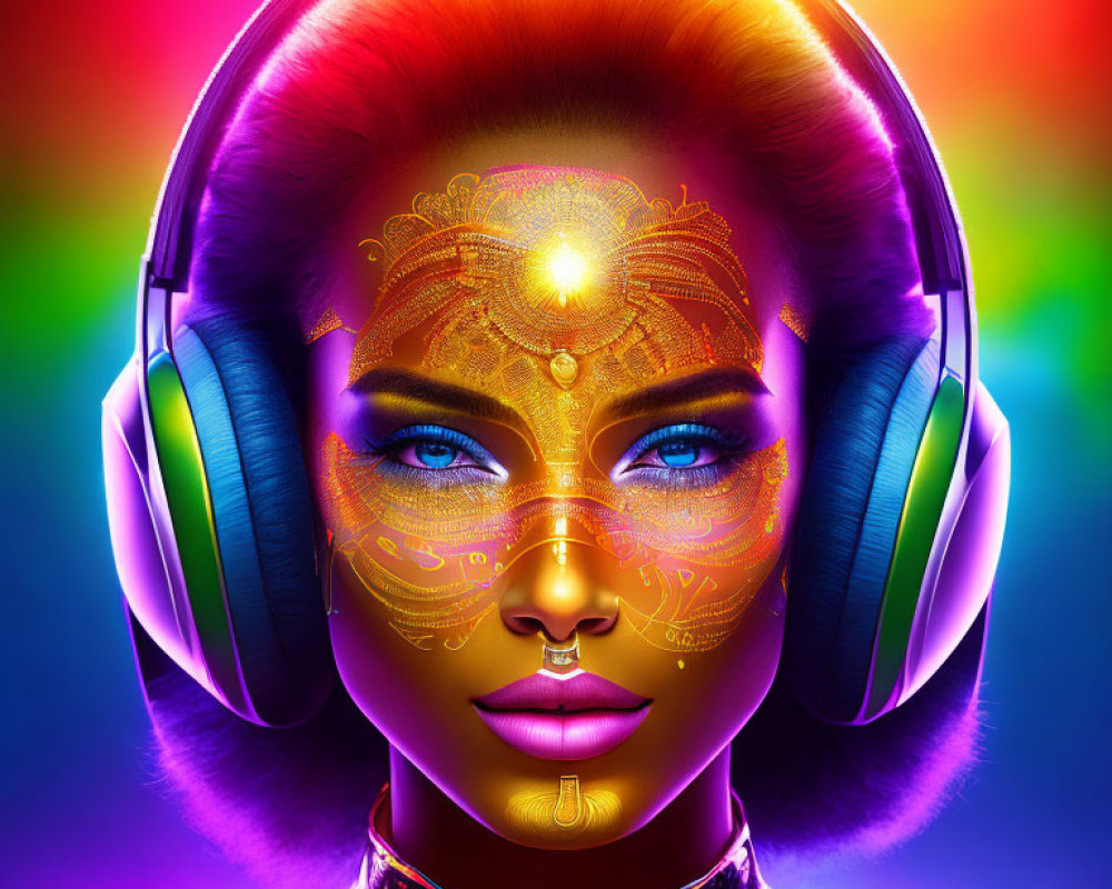 Colorful artwork of woman with blue eyes, golden face markings, headphones, on rainbow background