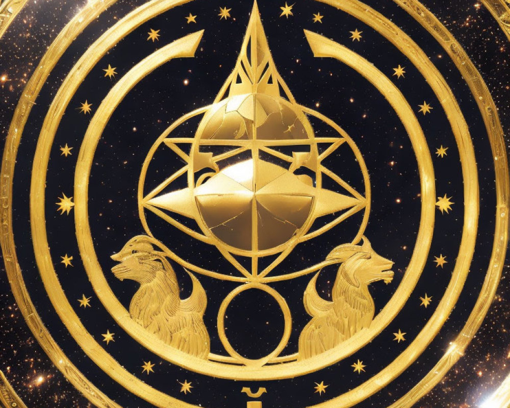 Circular golden emblem with pentagram, lions, and astrological symbols on starry night sky.