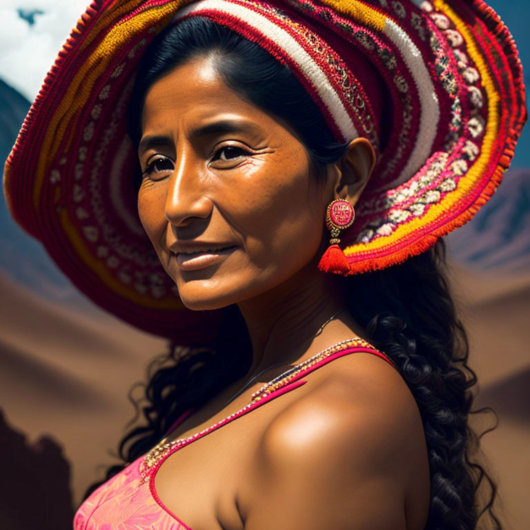 Traditional woman in bright hat and red earrings against mountain backdrop