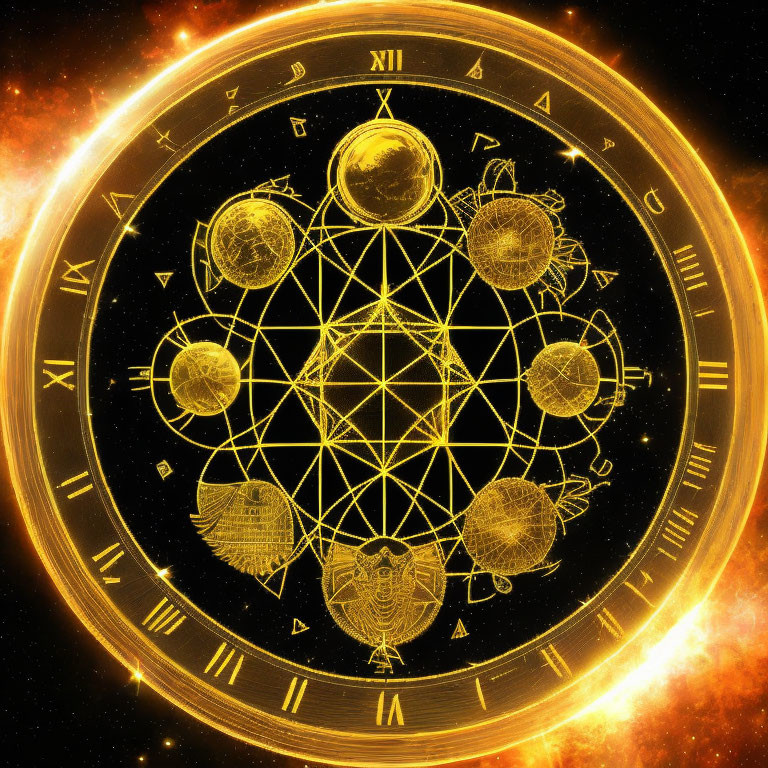 Golden mystical clock with Roman numerals and astrological symbols amidst geometric patterns and fiery nebula.