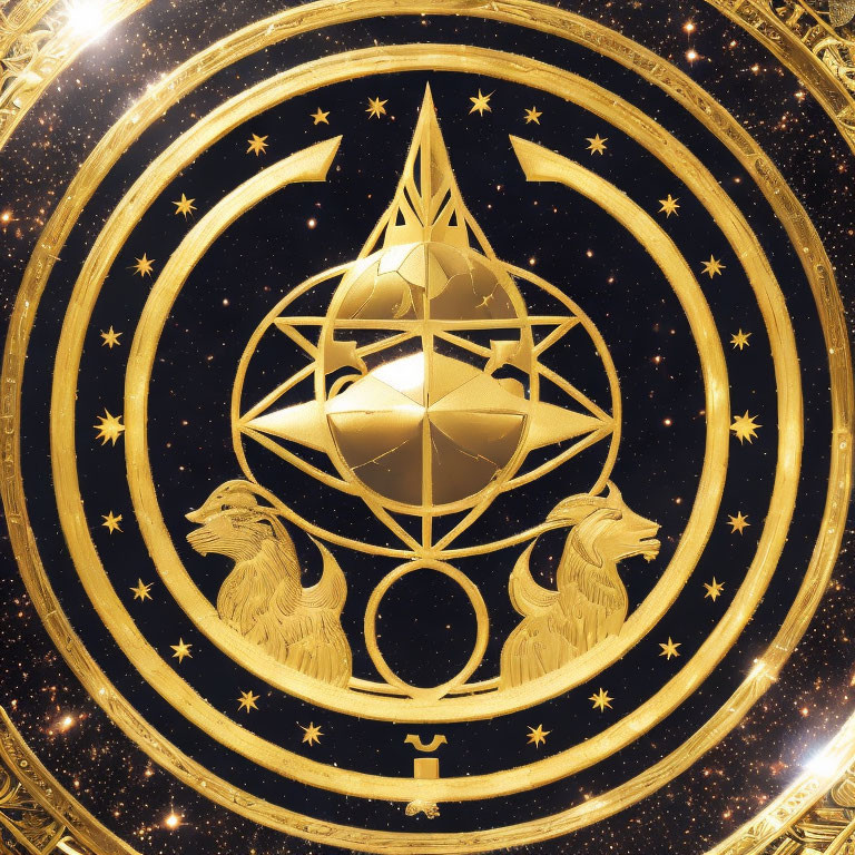 Circular golden emblem with pentagram, lions, and astrological symbols on starry night sky.