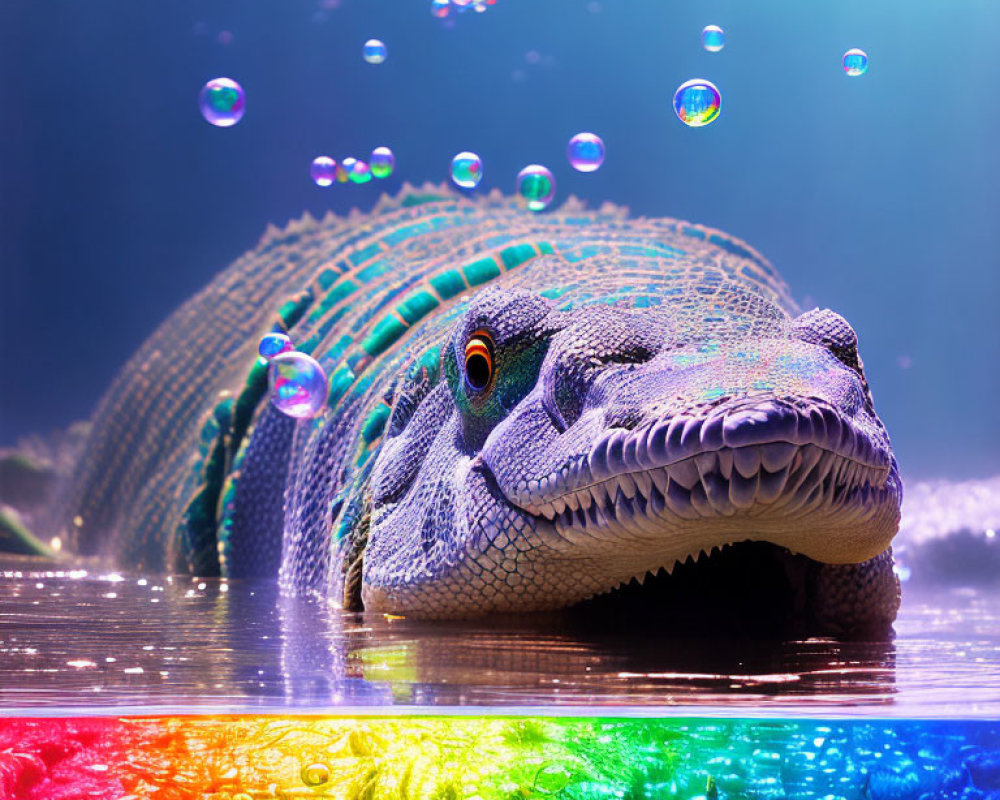 Vibrant Digital Artwork: Alligator Head in Colorful Underwater Scene