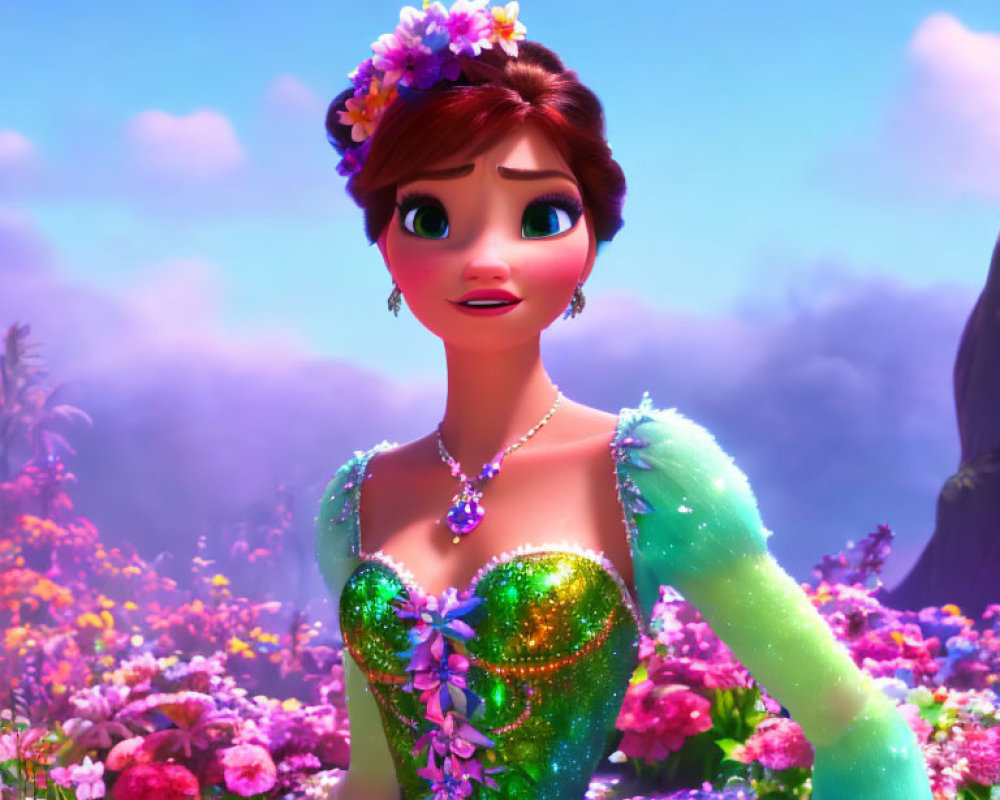 Auburn-Haired Princess in Floral Tiara and Green Gown Amid Vibrant Flowers