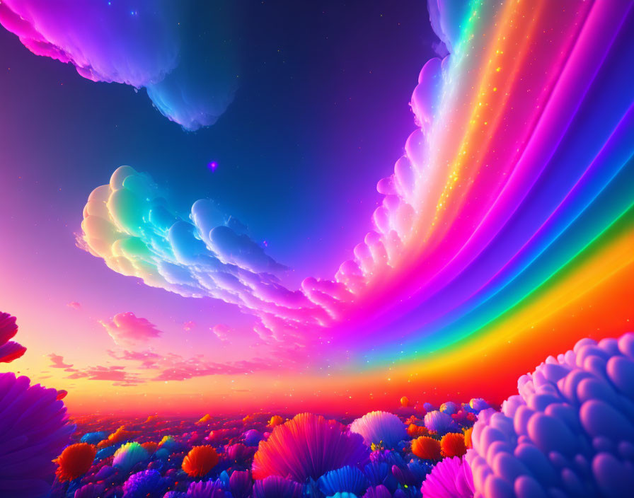 Colorful rainbow sky digital artwork with surreal landscape