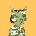 Stylized cat with green eyes and gold jewelry on yellow background