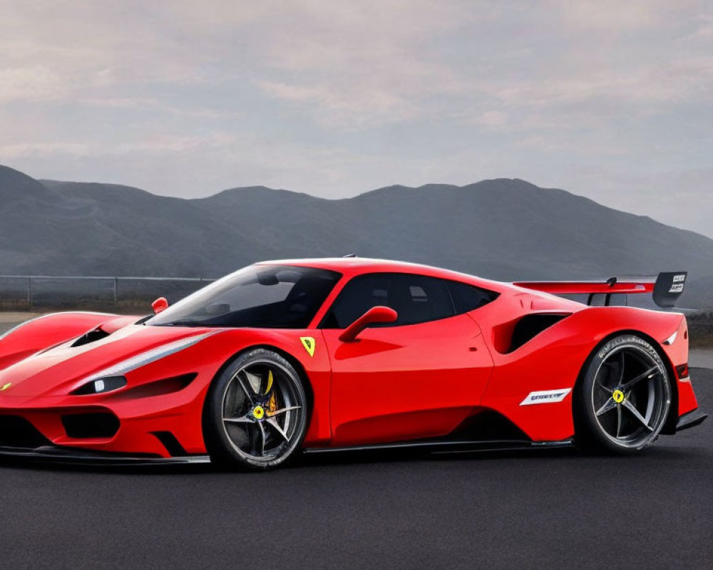 Red Ferrari Sports Car with Black Trim and Racing Decals on Track with Mountains
