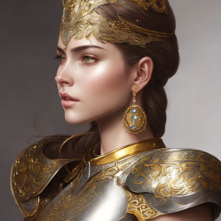 Elaborately designed portrait of a woman in golden armor with blue gemstone earring