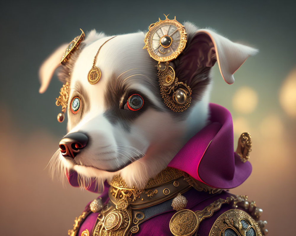 Digital artwork: Dog with humanoid features in steampunk jewelry and purple cloak