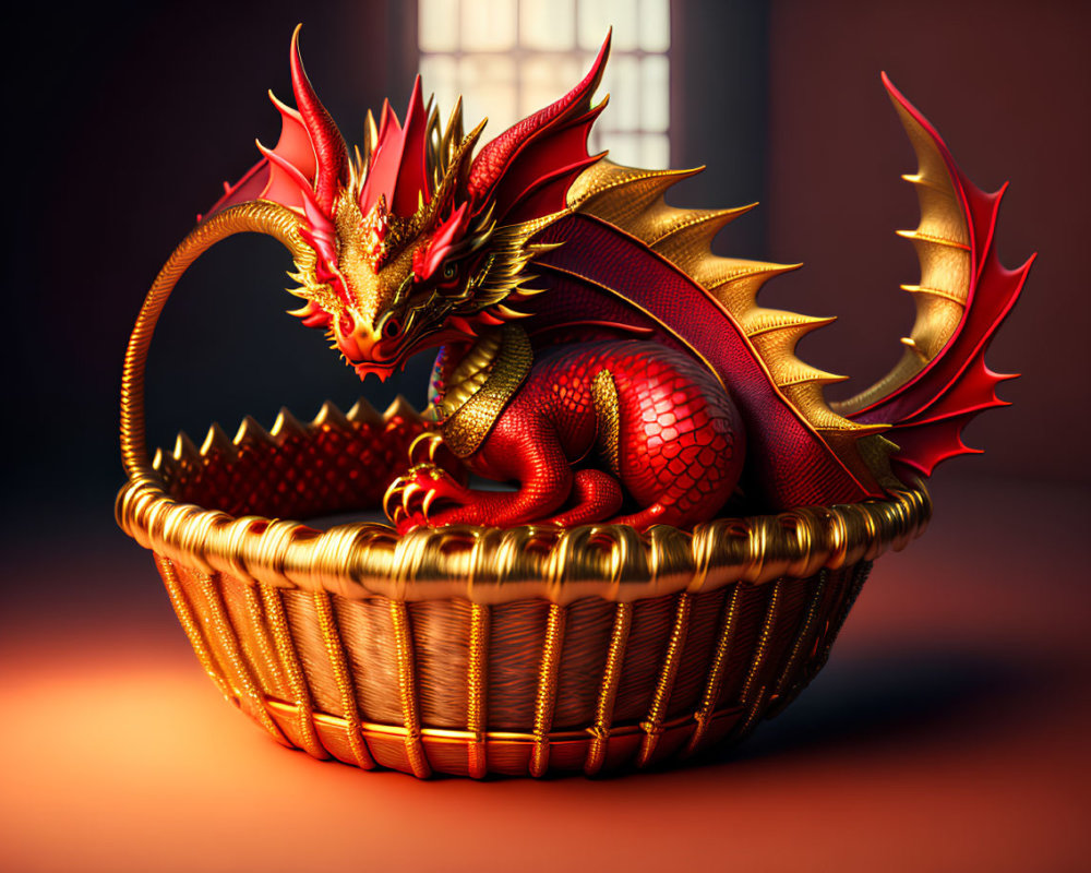 Vibrant red dragon with golden scales in textured basket on dark background