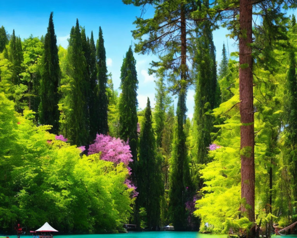 Tranquil turquoise lake with pink flowers and trees reflecting in water