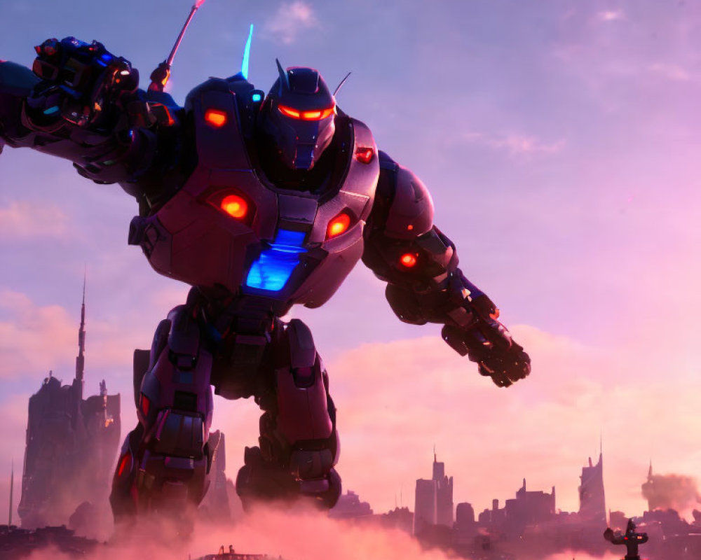 Giant Robot with Glowing Blue Chest in Futuristic City Skyline
