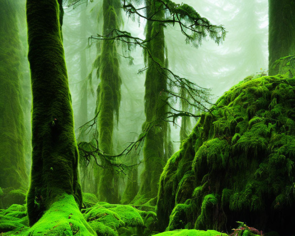Lush Green Moss-Covered Forest with Towering Trees