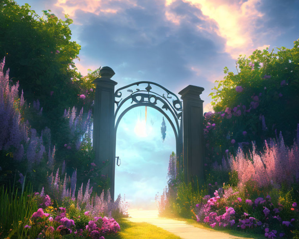 Ornate garden gate with lush purple flowers and dramatic sunset sky