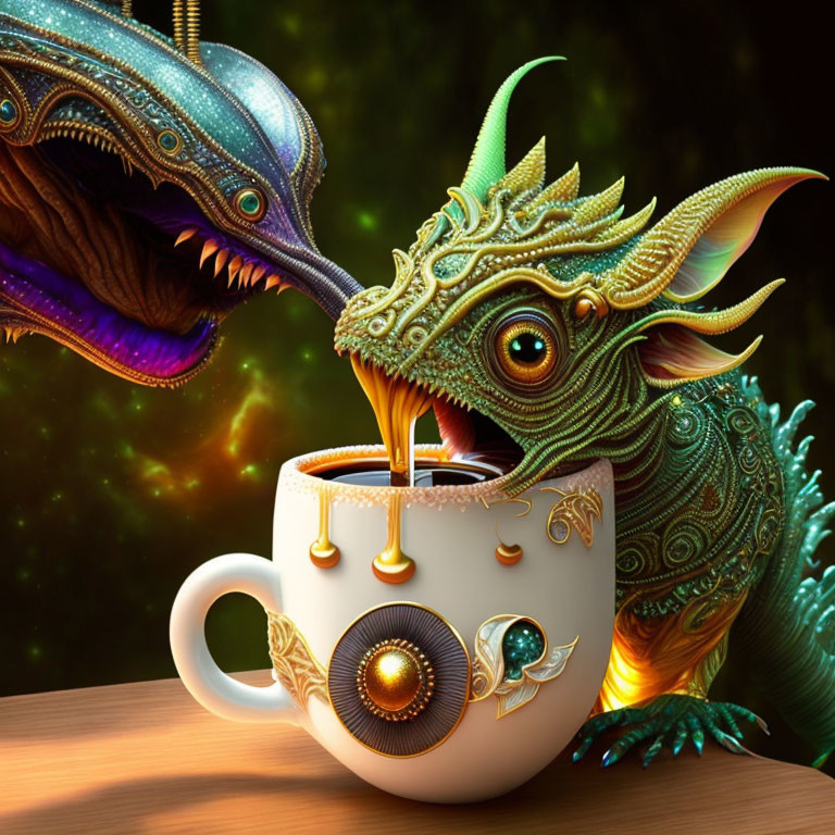 Digital Art: Mechanical Dragon Sipping from Steampunk Cup