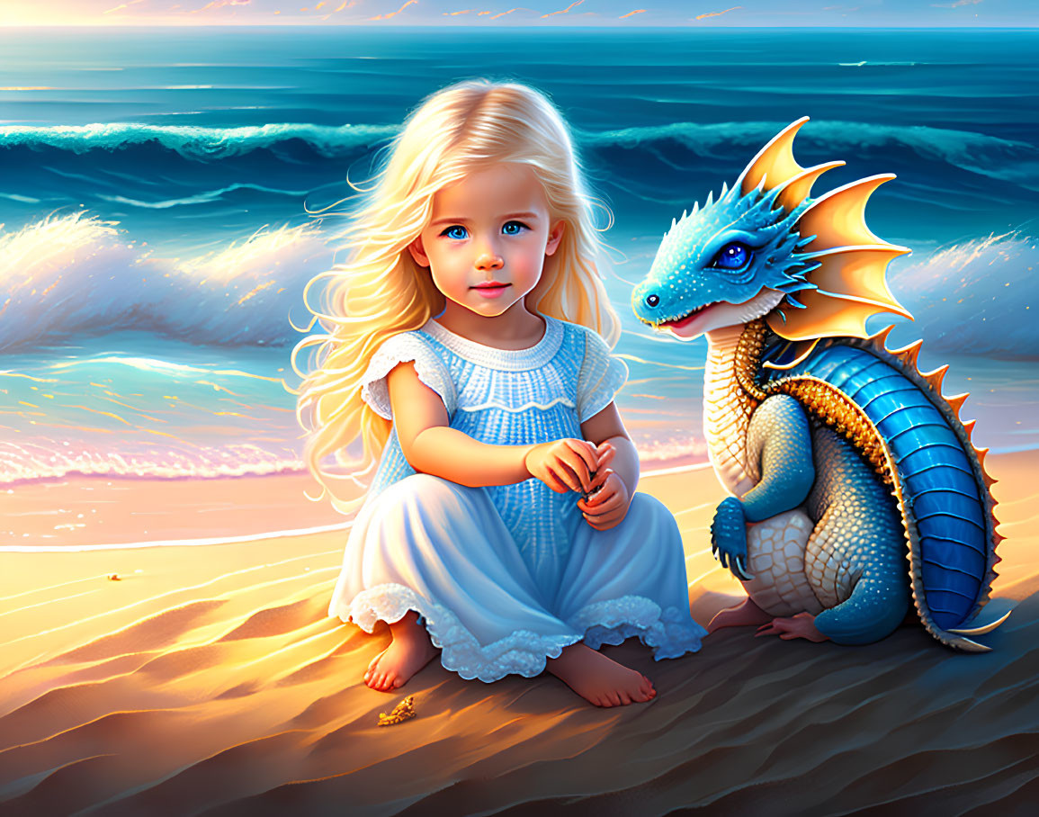 Blonde girl in blue dress with blue dragon on beach at sunset