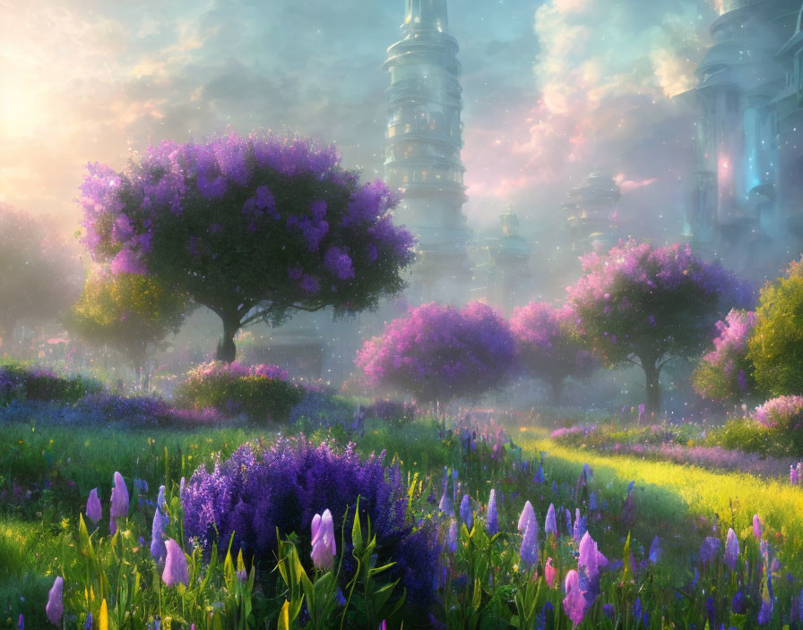 Serene landscape with purple flowering trees, greenery, and futuristic towers in misty sunlight