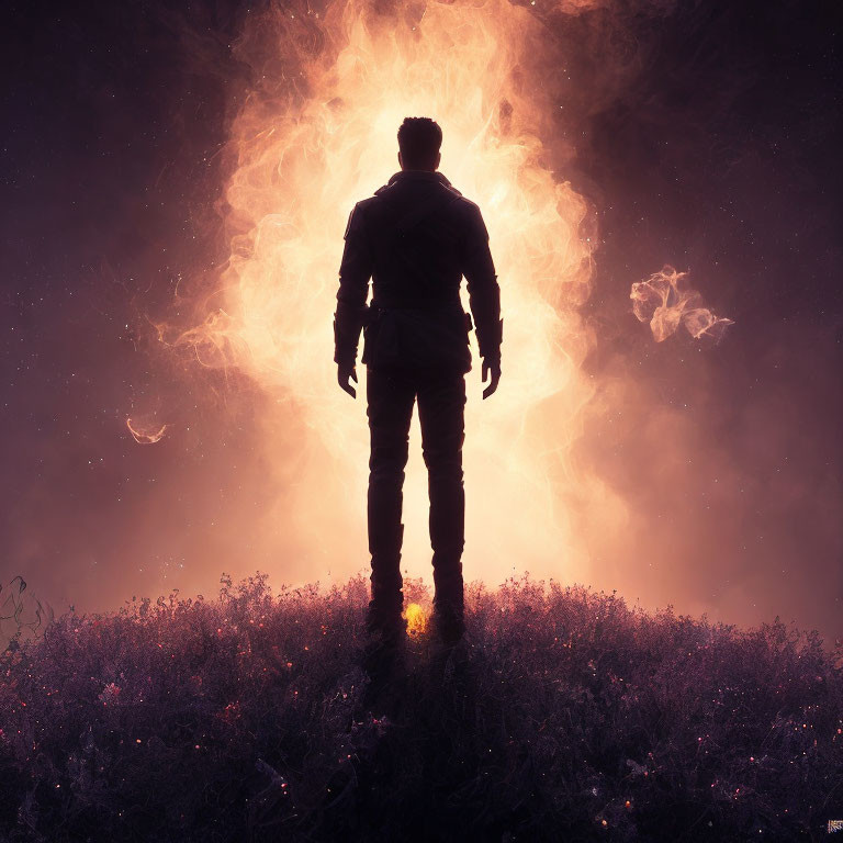 Silhouetted figure gazes at glowing nebulous light in mystical, dark setting
