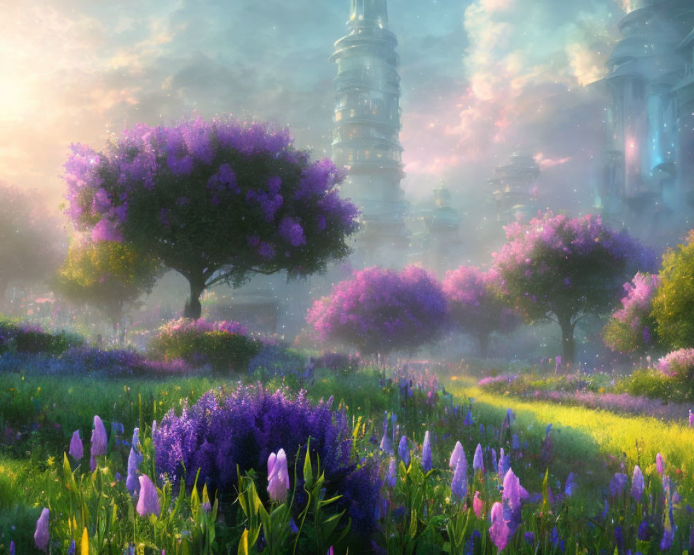 Serene landscape with purple flowering trees, greenery, and futuristic towers in misty sunlight