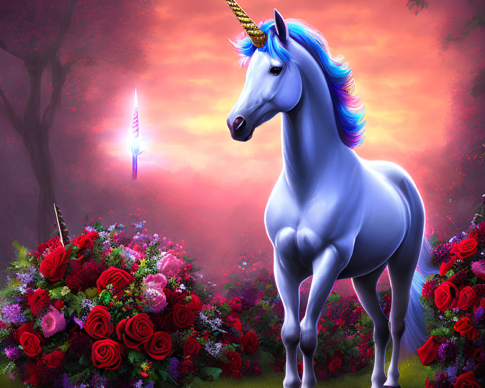 Majestic unicorn with colorful mane in mystical forest.