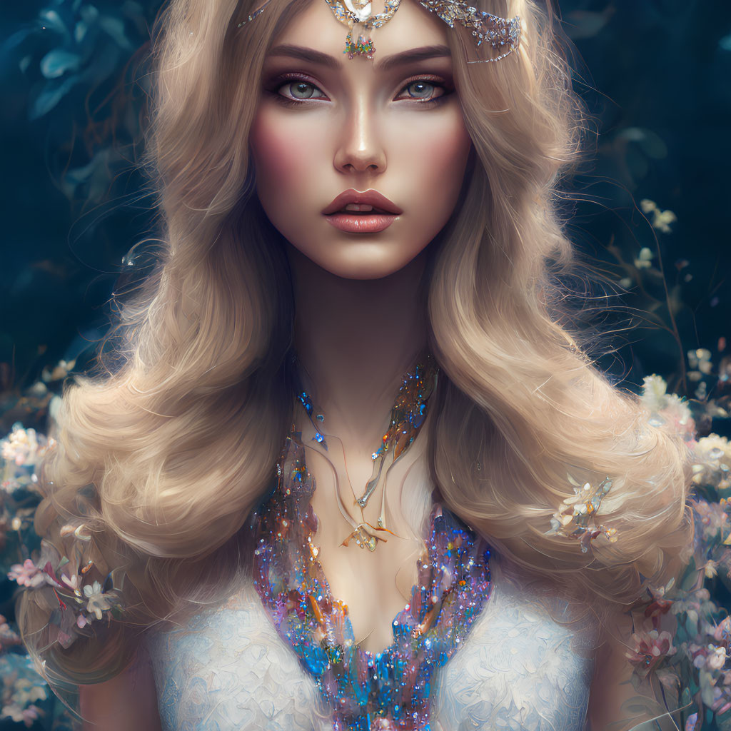 Illustrated portrait of woman with blonde hair, jeweled headpiece, necklace, and blossoms