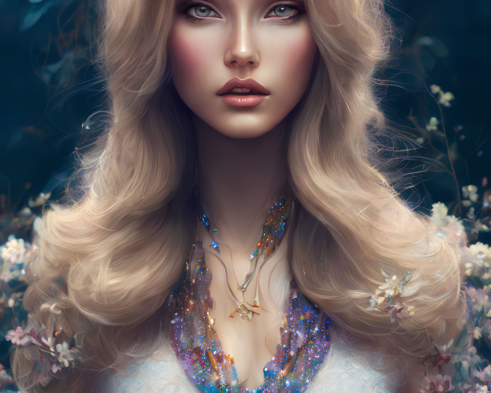 Illustrated portrait of woman with blonde hair, jeweled headpiece, necklace, and blossoms